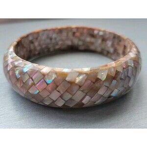 Vintage Mosaic Mother of Pearl MOP Bangle Bracelet Shell Beachy Opalescent